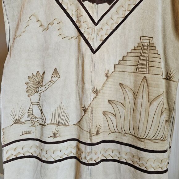 Mexican Vintage Suede Leather Fringe Poncho Pyrography Native Aztec Cape Costume - Picture 2 of 11